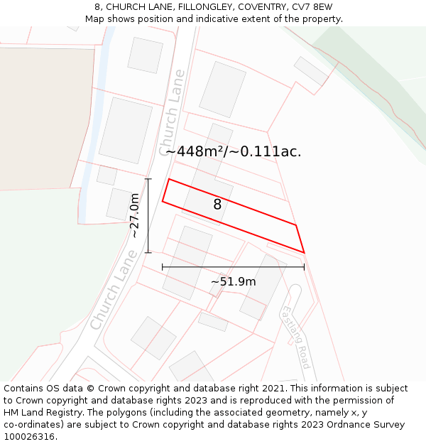 8, CHURCH LANE, FILLONGLEY, COVENTRY, CV7 8EW: Plot and title map