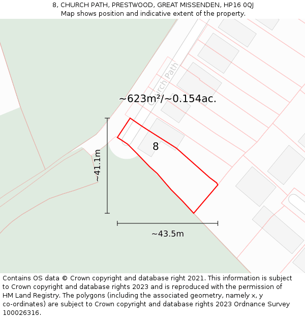 8, CHURCH PATH, PRESTWOOD, GREAT MISSENDEN, HP16 0QJ: Plot and title map