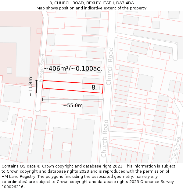 8, CHURCH ROAD, BEXLEYHEATH, DA7 4DA: Plot and title map