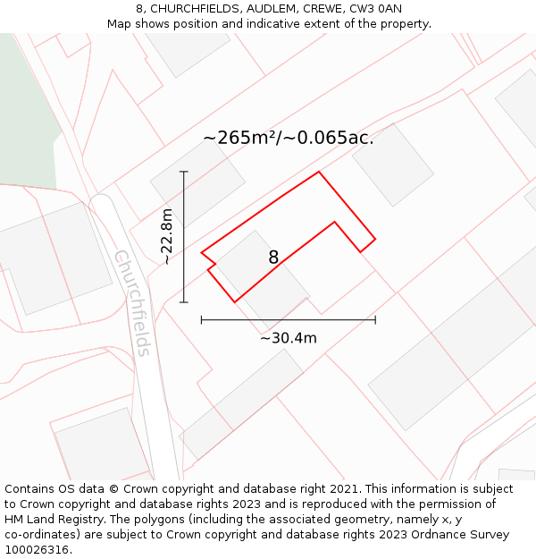 8, CHURCHFIELDS, AUDLEM, CREWE, CW3 0AN: Plot and title map