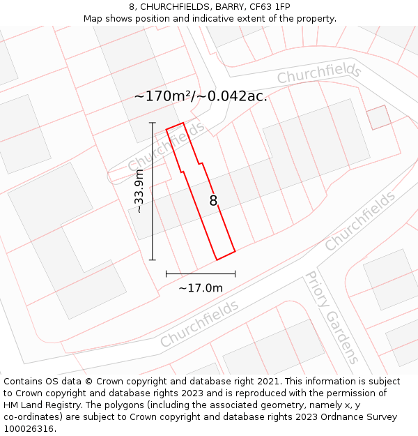 8, CHURCHFIELDS, BARRY, CF63 1FP: Plot and title map