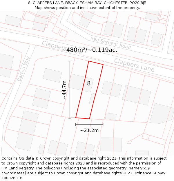 8, CLAPPERS LANE, BRACKLESHAM BAY, CHICHESTER, PO20 8JB: Plot and title map