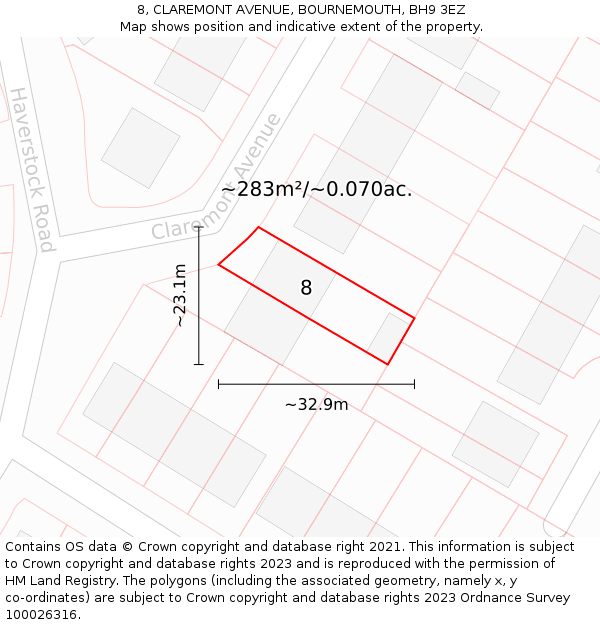 8, CLAREMONT AVENUE, BOURNEMOUTH, BH9 3EZ: Plot and title map