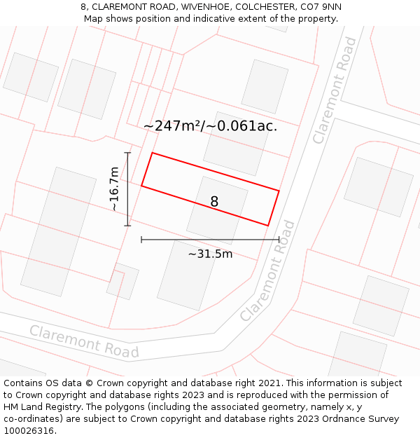 8, CLAREMONT ROAD, WIVENHOE, COLCHESTER, CO7 9NN: Plot and title map