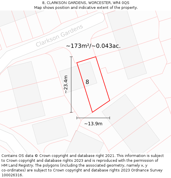 8, CLARKSON GARDENS, WORCESTER, WR4 0QS: Plot and title map