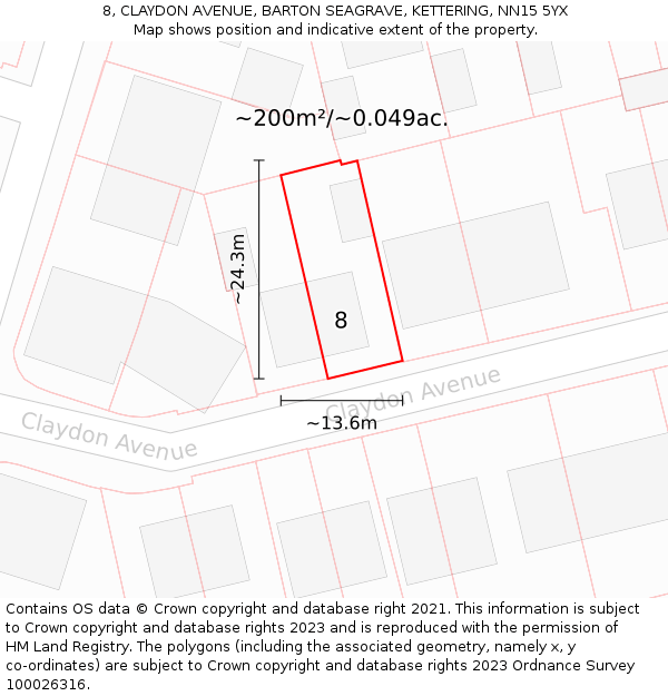 8, CLAYDON AVENUE, BARTON SEAGRAVE, KETTERING, NN15 5YX: Plot and title map