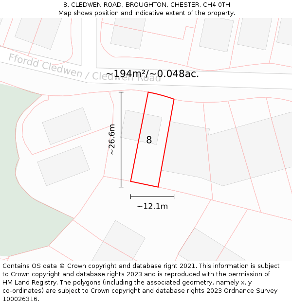8, CLEDWEN ROAD, BROUGHTON, CHESTER, CH4 0TH: Plot and title map