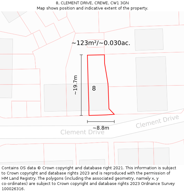 8, CLEMENT DRIVE, CREWE, CW1 3GN: Plot and title map