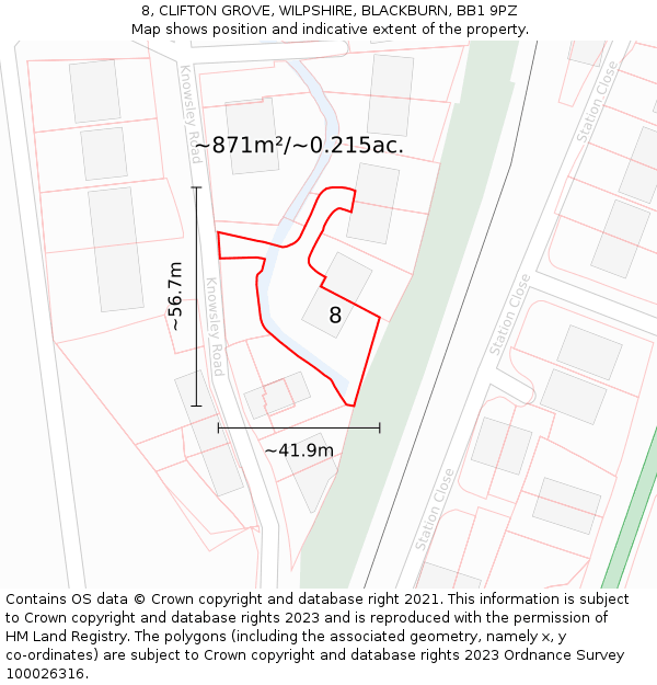 8, CLIFTON GROVE, WILPSHIRE, BLACKBURN, BB1 9PZ: Plot and title map