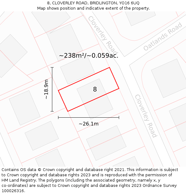 8, CLOVERLEY ROAD, BRIDLINGTON, YO16 6UQ: Plot and title map