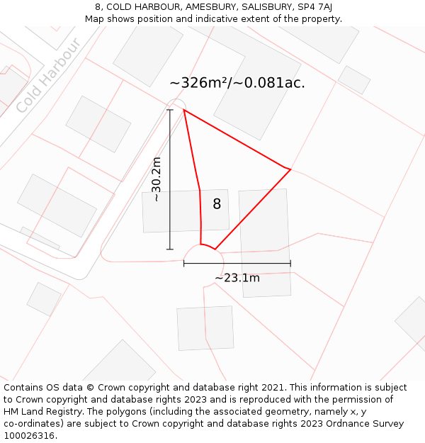 8, COLD HARBOUR, AMESBURY, SALISBURY, SP4 7AJ: Plot and title map