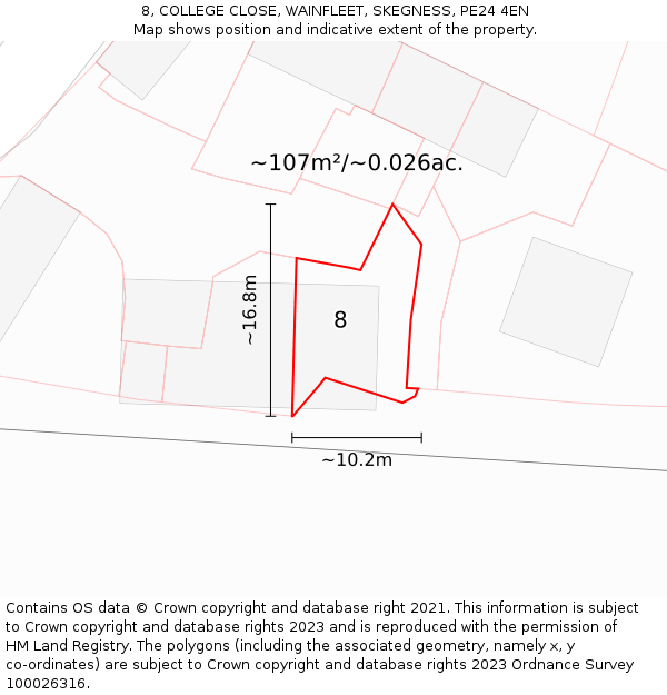 8, COLLEGE CLOSE, WAINFLEET, SKEGNESS, PE24 4EN: Plot and title map