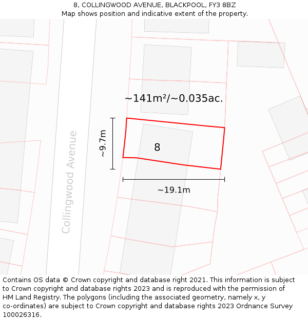 8, COLLINGWOOD AVENUE, BLACKPOOL, FY3 8BZ: Plot and title map