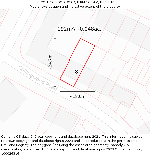 8, COLLINGWOOD ROAD, BIRMINGHAM, B30 3NY: Plot and title map