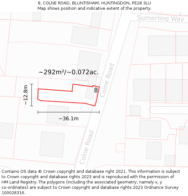 8, COLNE ROAD, BLUNTISHAM, HUNTINGDON, PE28 3LU: Plot and title map