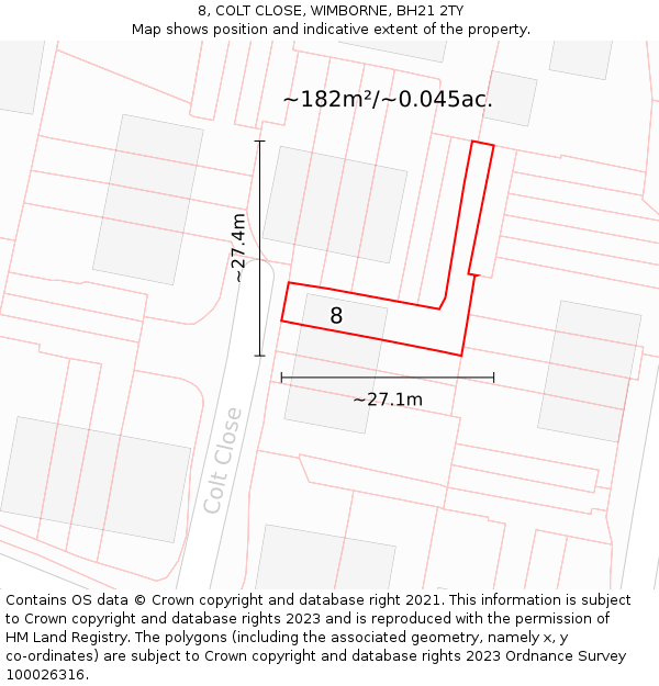 8, COLT CLOSE, WIMBORNE, BH21 2TY: Plot and title map