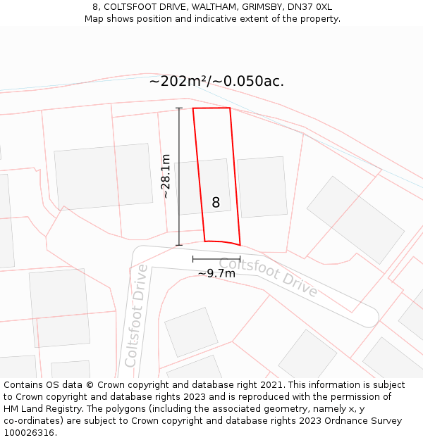 8, COLTSFOOT DRIVE, WALTHAM, GRIMSBY, DN37 0XL: Plot and title map