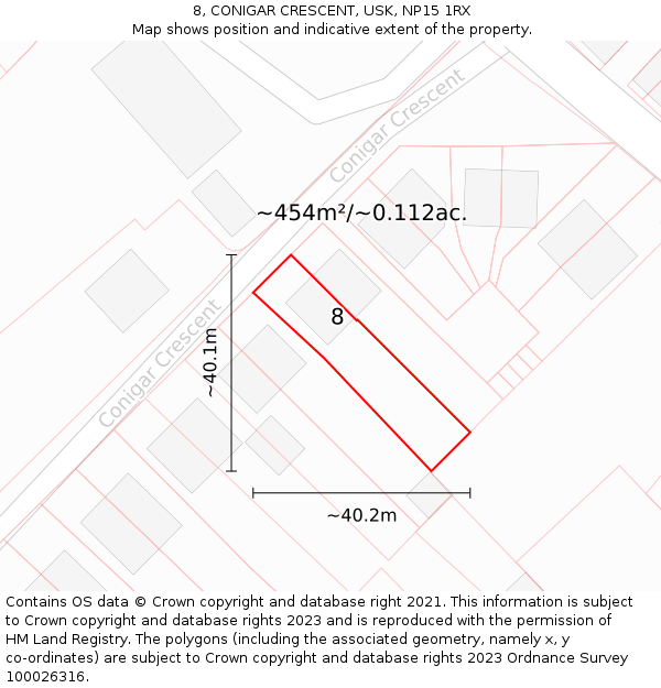 8, CONIGAR CRESCENT, USK, NP15 1RX: Plot and title map