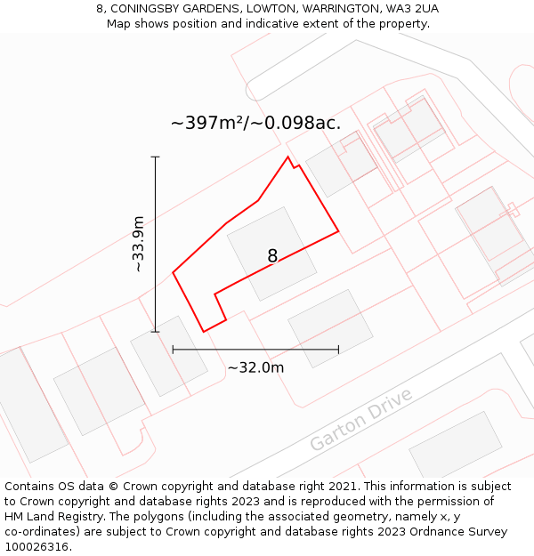 8, CONINGSBY GARDENS, LOWTON, WARRINGTON, WA3 2UA: Plot and title map