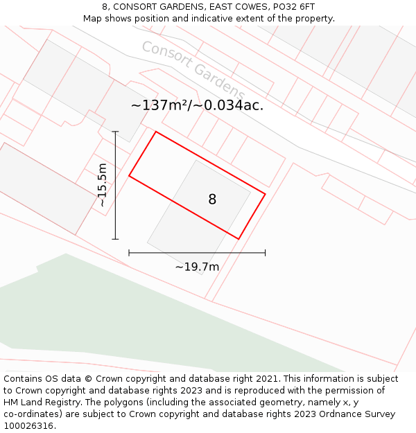 8, CONSORT GARDENS, EAST COWES, PO32 6FT: Plot and title map