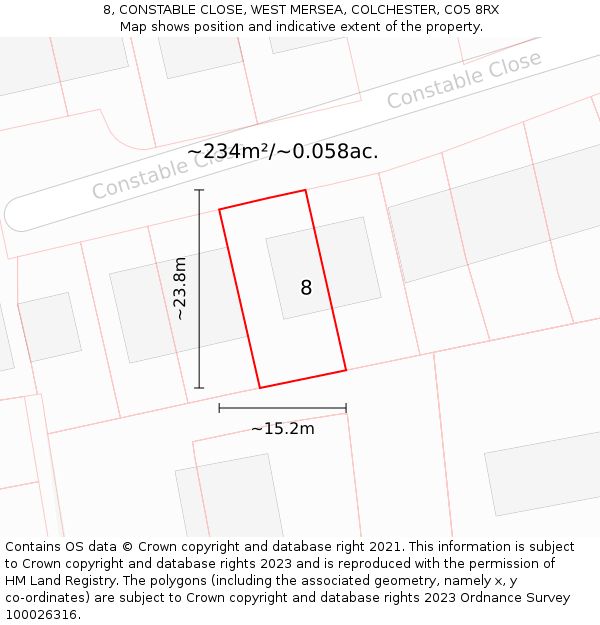 8, CONSTABLE CLOSE, WEST MERSEA, COLCHESTER, CO5 8RX: Plot and title map