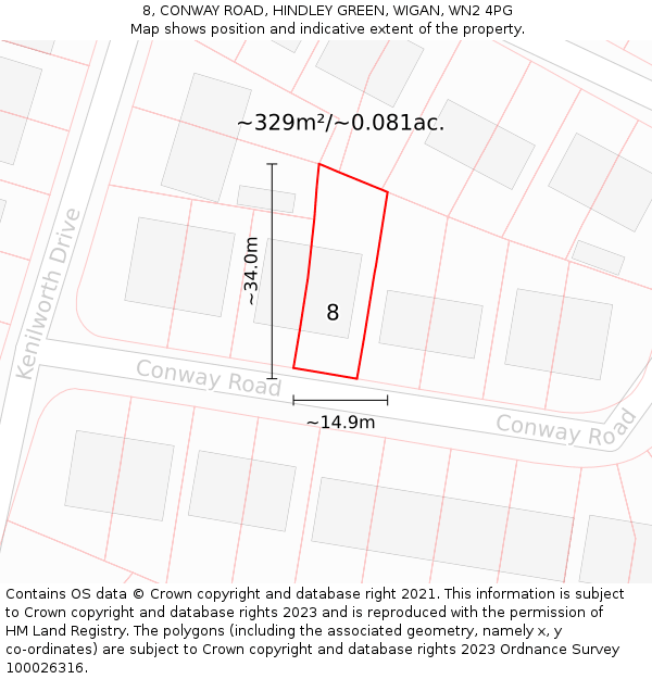 8, CONWAY ROAD, HINDLEY GREEN, WIGAN, WN2 4PG: Plot and title map