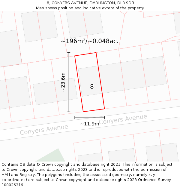 8, CONYERS AVENUE, DARLINGTON, DL3 9DB: Plot and title map