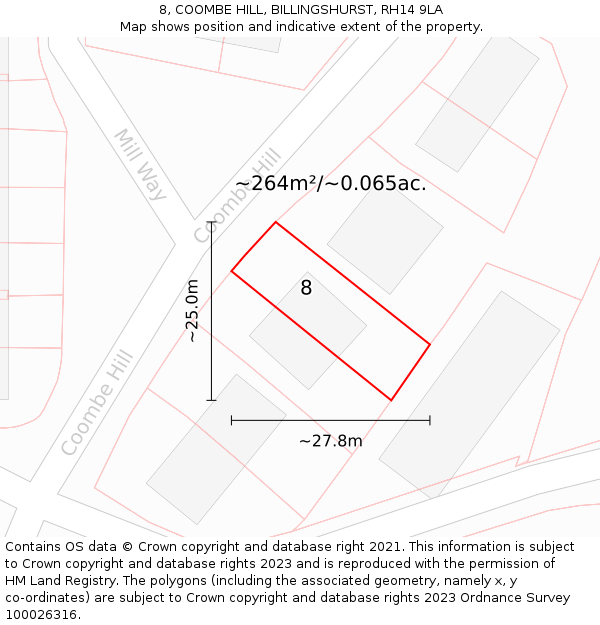 8, COOMBE HILL, BILLINGSHURST, RH14 9LA: Plot and title map