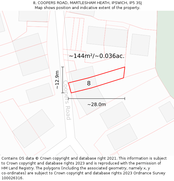 8, COOPERS ROAD, MARTLESHAM HEATH, IPSWICH, IP5 3SJ: Plot and title map