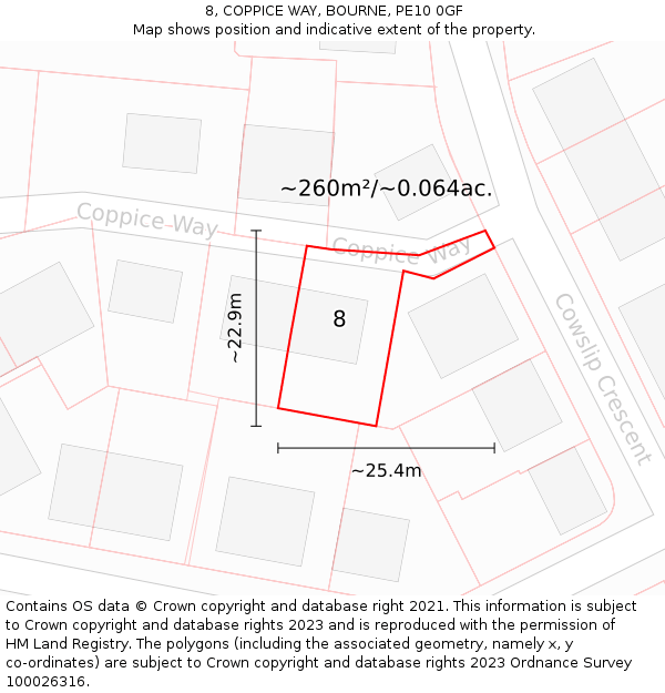 8, COPPICE WAY, BOURNE, PE10 0GF: Plot and title map