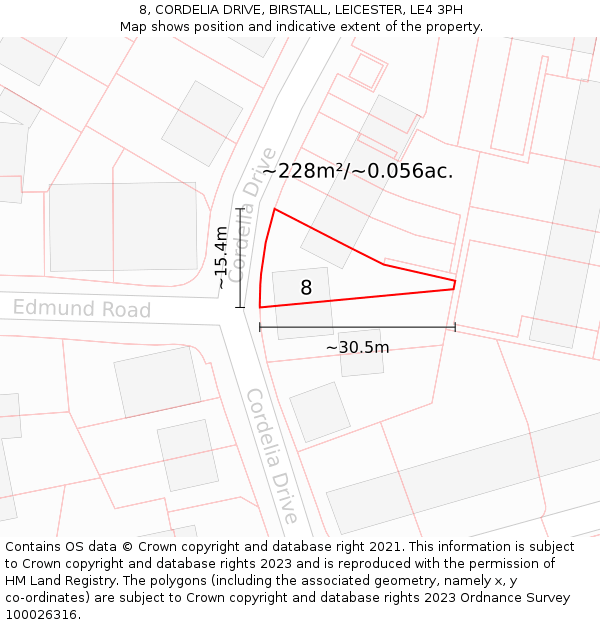 8, CORDELIA DRIVE, BIRSTALL, LEICESTER, LE4 3PH: Plot and title map