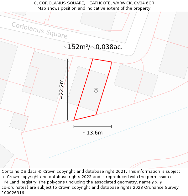 8, CORIOLANUS SQUARE, HEATHCOTE, WARWICK, CV34 6GR: Plot and title map