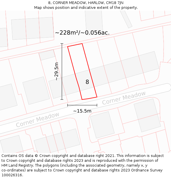 8, CORNER MEADOW, HARLOW, CM18 7JN: Plot and title map