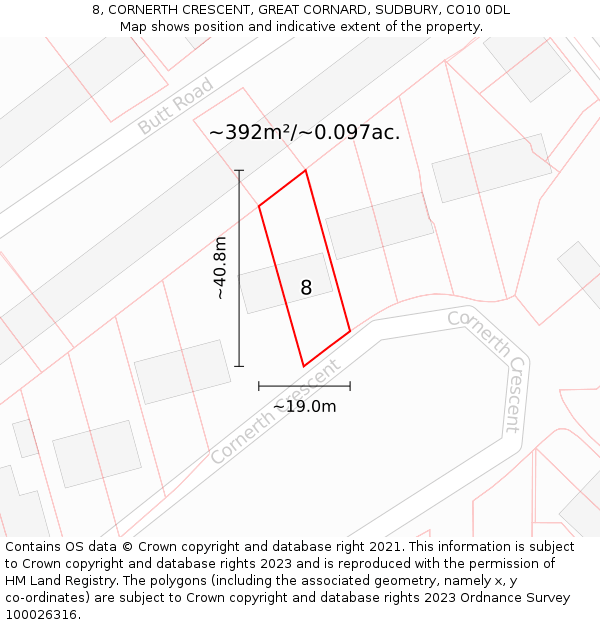 8, CORNERTH CRESCENT, GREAT CORNARD, SUDBURY, CO10 0DL: Plot and title map