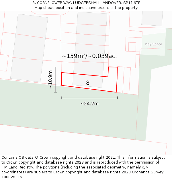 8, CORNFLOWER WAY, LUDGERSHALL, ANDOVER, SP11 9TF: Plot and title map