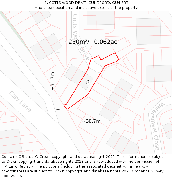 8, COTTS WOOD DRIVE, GUILDFORD, GU4 7RB: Plot and title map