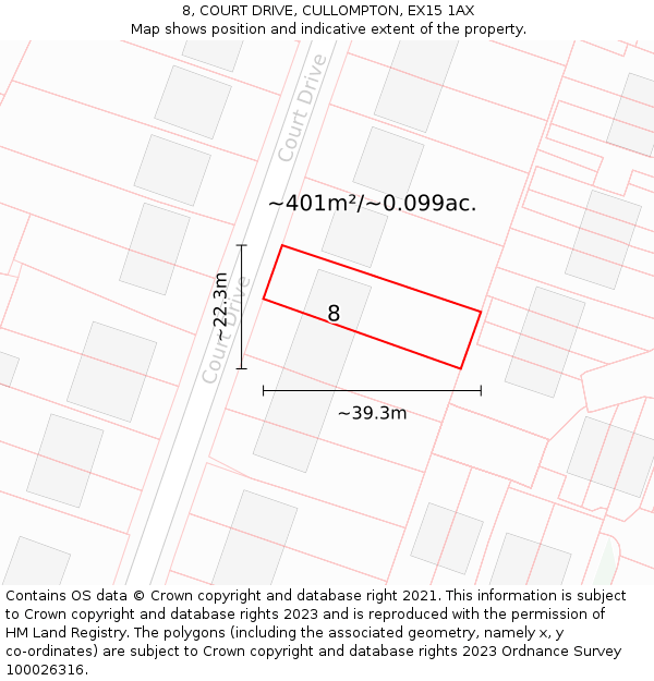 8, COURT DRIVE, CULLOMPTON, EX15 1AX: Plot and title map