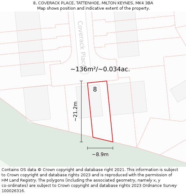 8, COVERACK PLACE, TATTENHOE, MILTON KEYNES, MK4 3BA: Plot and title map