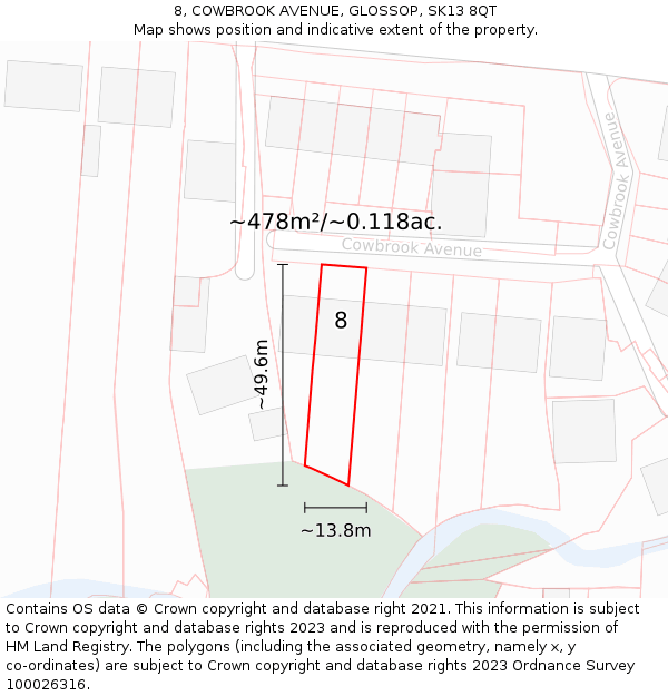 8, COWBROOK AVENUE, GLOSSOP, SK13 8QT: Plot and title map
