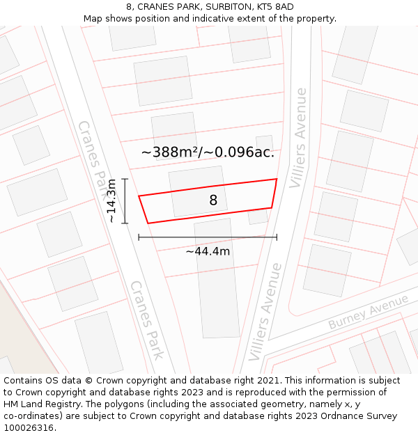 8, CRANES PARK, SURBITON, KT5 8AD: Plot and title map