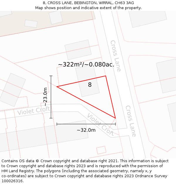 8, CROSS LANE, BEBINGTON, WIRRAL, CH63 3AG: Plot and title map