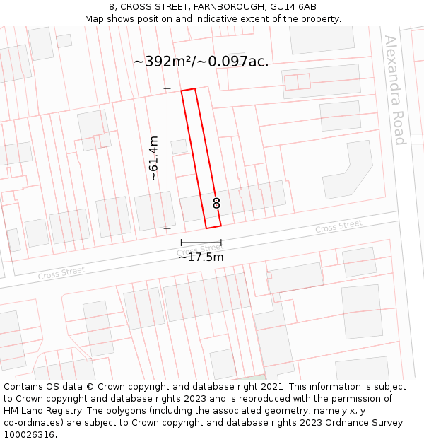 8, CROSS STREET, FARNBOROUGH, GU14 6AB: Plot and title map