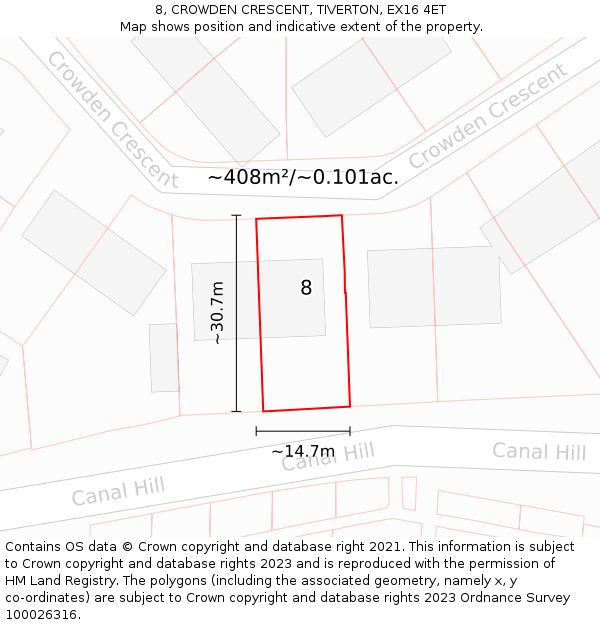 8, CROWDEN CRESCENT, TIVERTON, EX16 4ET: Plot and title map