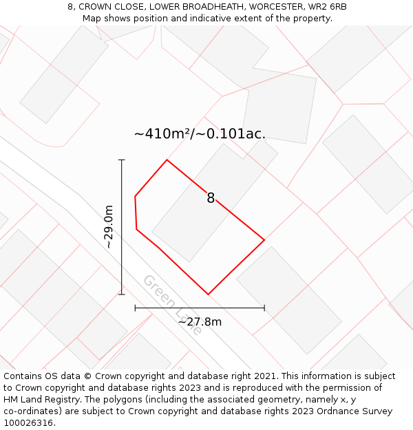 8, CROWN CLOSE, LOWER BROADHEATH, WORCESTER, WR2 6RB: Plot and title map