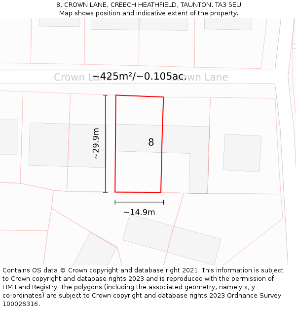 8, CROWN LANE, CREECH HEATHFIELD, TAUNTON, TA3 5EU: Plot and title map