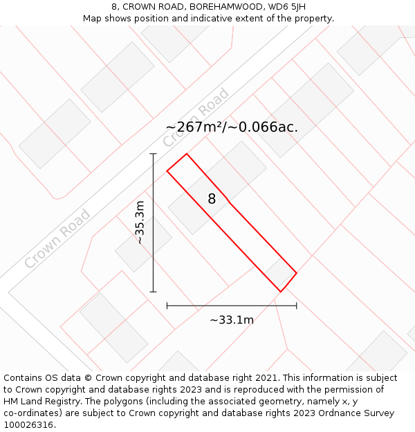 8, CROWN ROAD, BOREHAMWOOD, WD6 5JH: Plot and title map