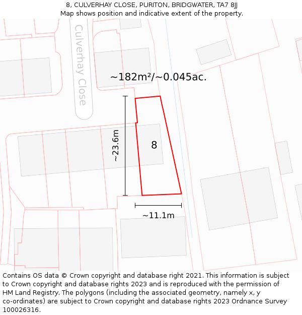 8, CULVERHAY CLOSE, PURITON, BRIDGWATER, TA7 8JJ: Plot and title map