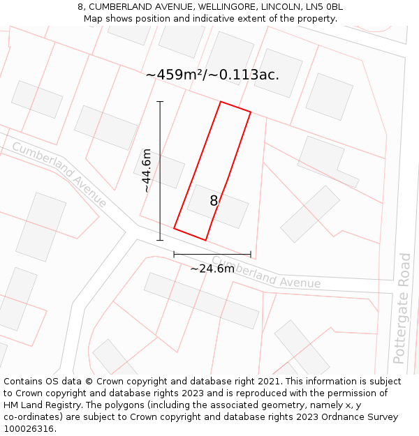 8, CUMBERLAND AVENUE, WELLINGORE, LINCOLN, LN5 0BL: Plot and title map