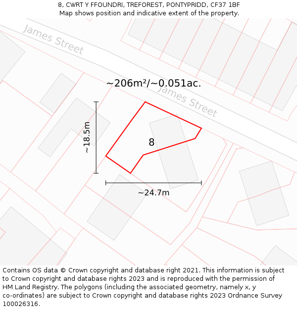 8, CWRT Y FFOUNDRI, TREFOREST, PONTYPRIDD, CF37 1BF: Plot and title map