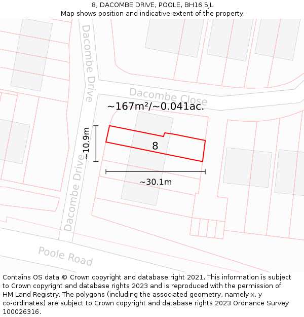 8, DACOMBE DRIVE, POOLE, BH16 5JL: Plot and title map